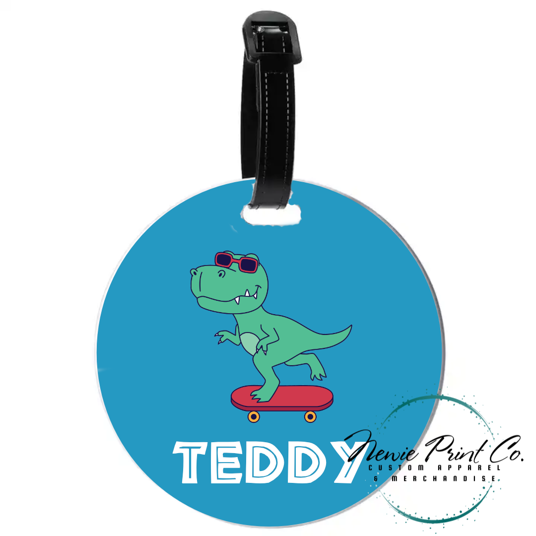 Dinosaur Riding Skateboard Personalised PU Leather Keyrings/Bagtags