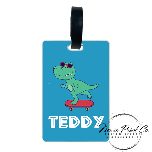 Dinosaur Riding Skateboard Personalised PU Leather Keyrings/Bagtags