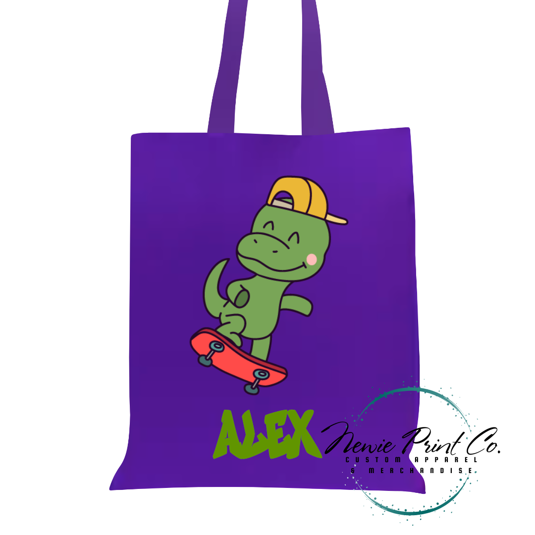 Dino on Skateboard - Personalized Tote/Library Bag