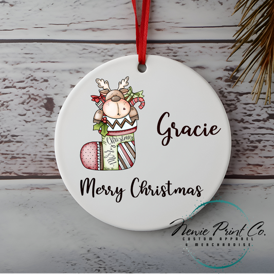 Personalised Ornament Christmas Reindeer in Stocking - Christmas Keepsake