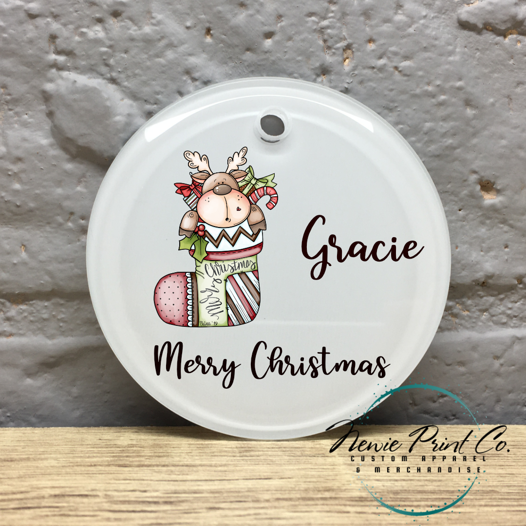 Reindeer in Stocking Personalised Ornament - Christmas Keepsake