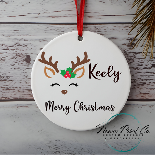 Personalised Ornament Reindeer with Holly - Christmas Keepsake