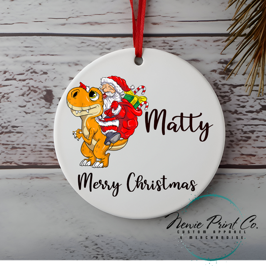 Santa Riding Orange Dinosaur - Personalised Ornament - Christmas Keepsake