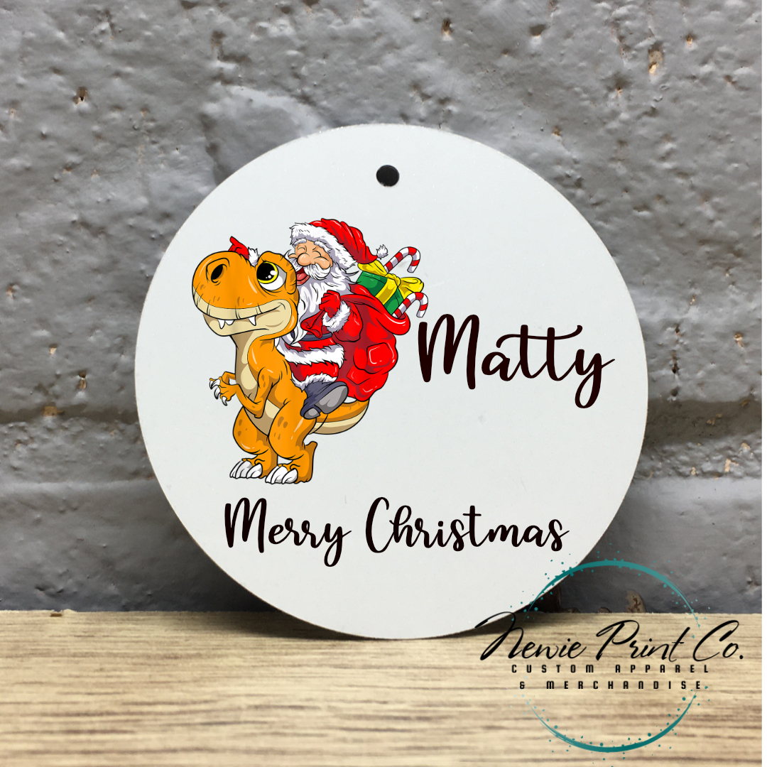 Santa Riding Orange Dinosaur - Personalised Ornament - Christmas Keepsake