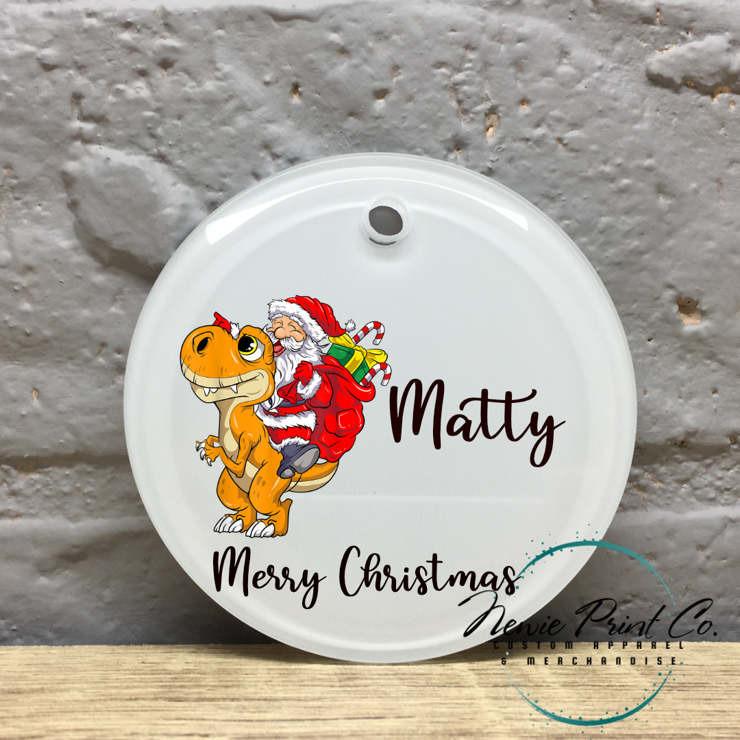 Santa Riding Orange Dinosaur - Personalised Ornament - Christmas Keepsake