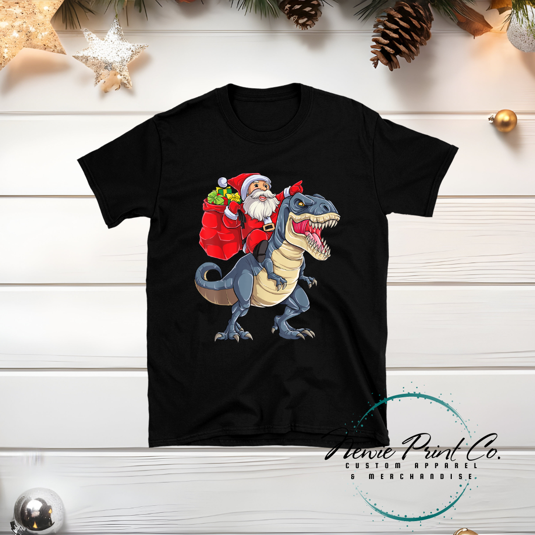 Santa Riding Blue Dino - Christmas T-shirt