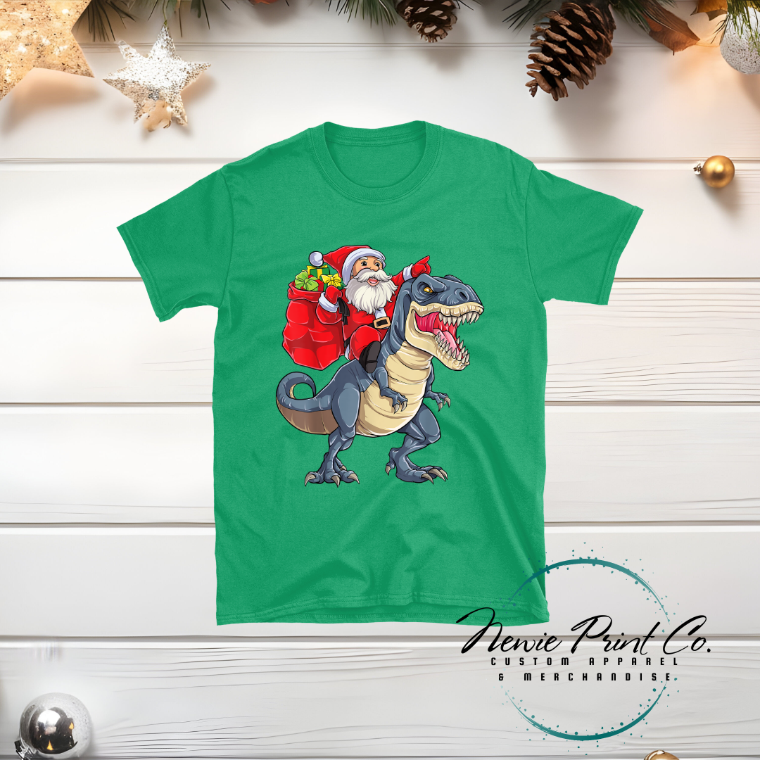 Santa Riding Blue Dino - Christmas T-shirt