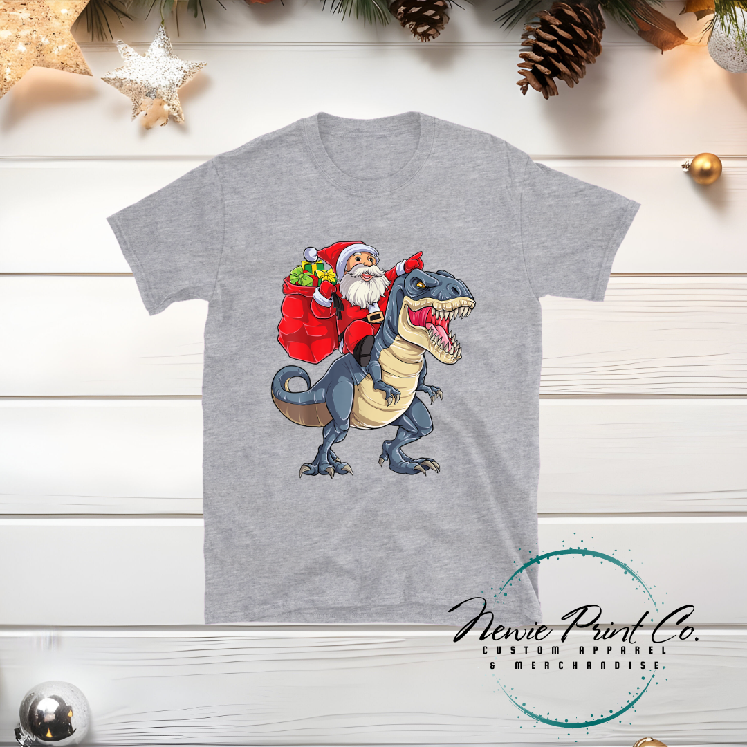 Santa Riding Blue Dino - Christmas T-shirt