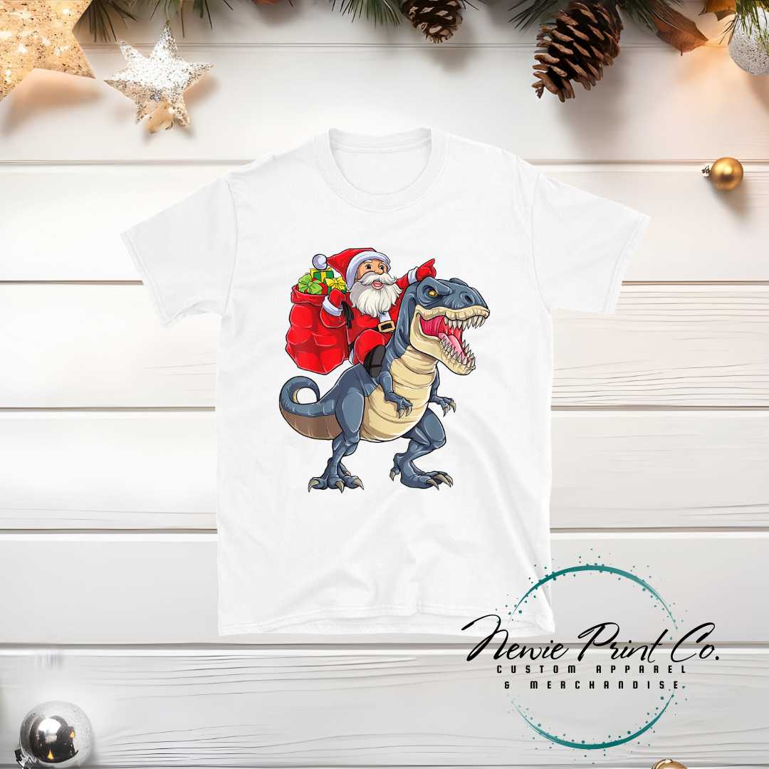 Santa Riding Blue Dino - Christmas T-shirt