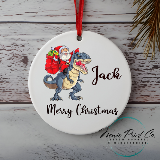 Personalised  Ornament Santa Riding Blue Dinosaur - Christmas Keepsake