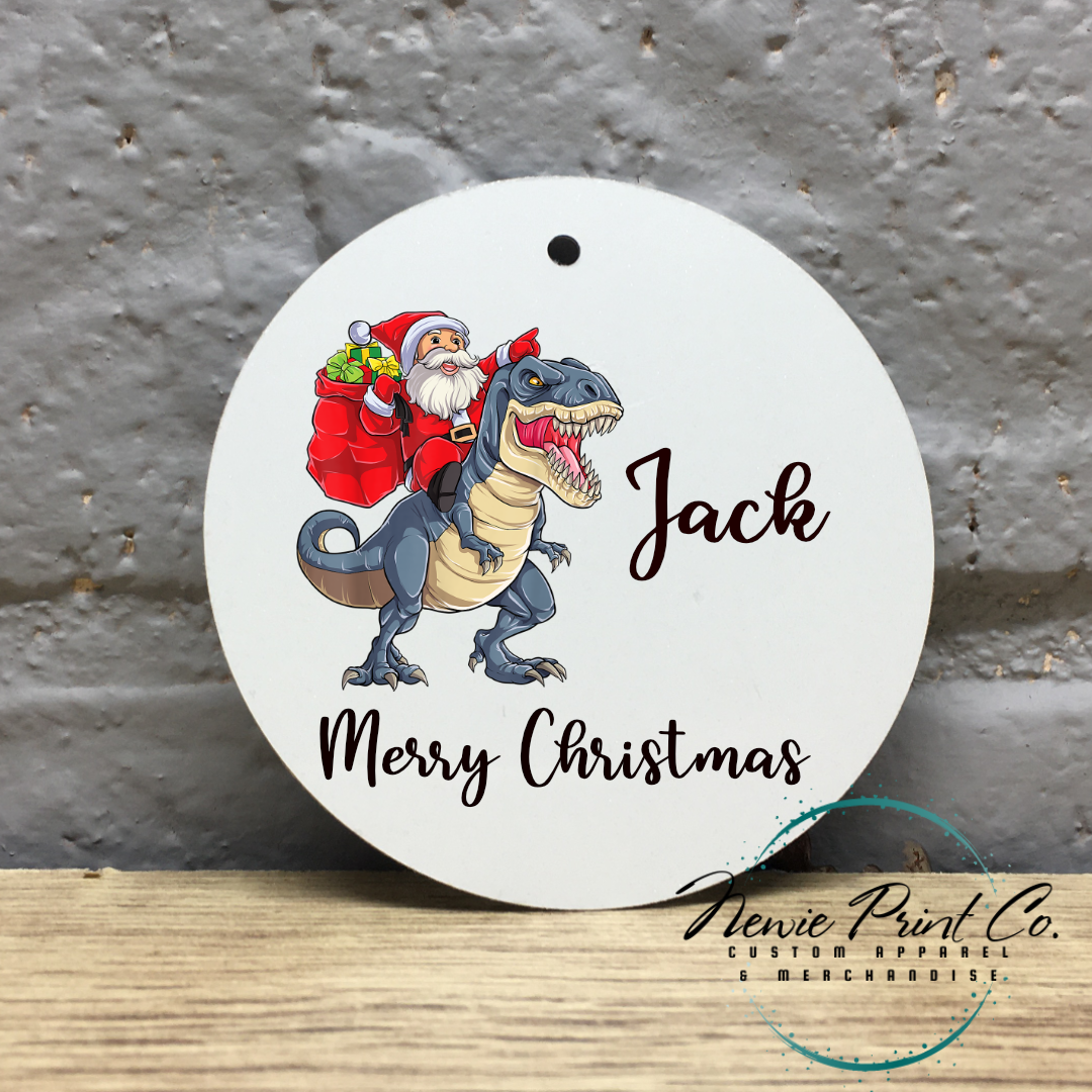 Personalised  Ornament Santa Riding Blue Dinosaur - Christmas Keepsake