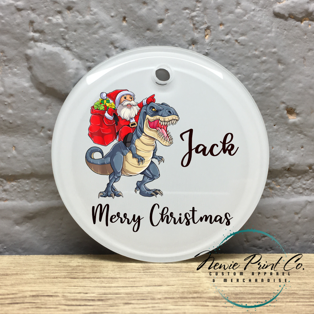 Personalised  Ornament Santa Riding Blue Dinosaur - Christmas Keepsake