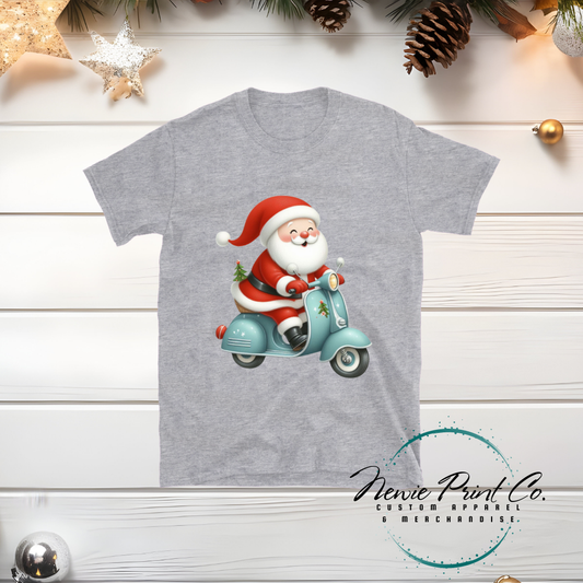 Santa Riding Blue Scooter - Christmas T-shirt