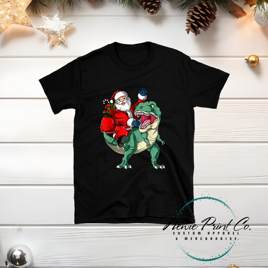 Santa Riding Green Dino - Christmas T-shirt