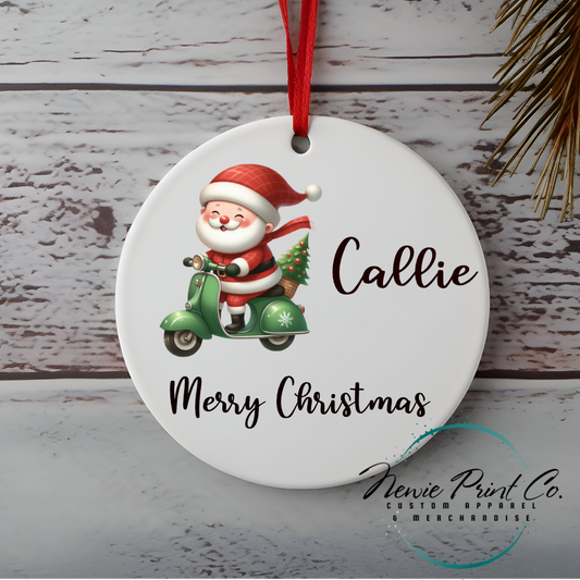 Personalised Ornament Santa Riding Green Scooter - Christmas Keepsake