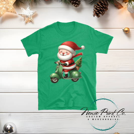 Santa Riding Green Scooter - Christmas T-shirt