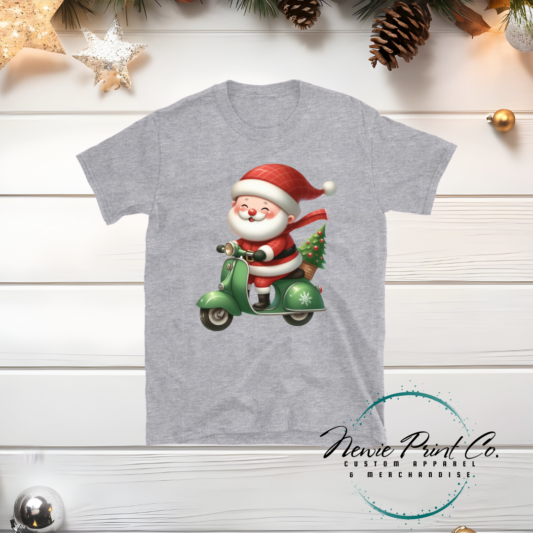 Santa Riding Green Scooter - Christmas T-shirt