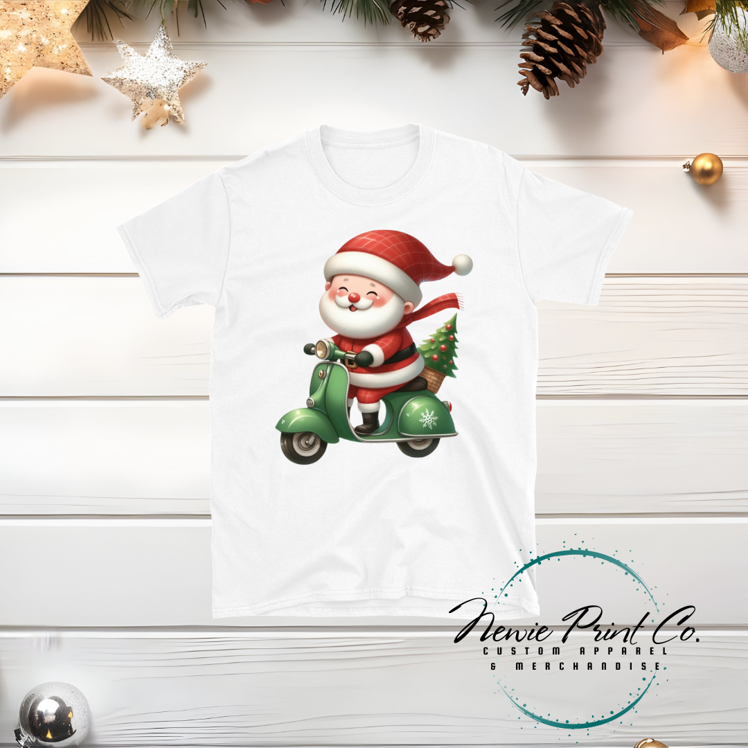 Santa Riding Green Scooter - Christmas T-shirt