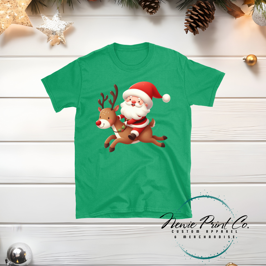 Santa Riding Reindeer - Christmas T-shirt