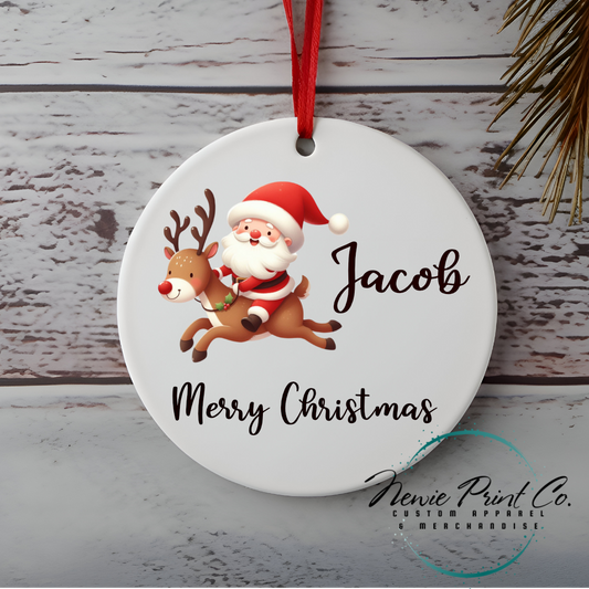 Personalised Ornament Christmas Santa Riding a Reindeer - Christmas Keepsake