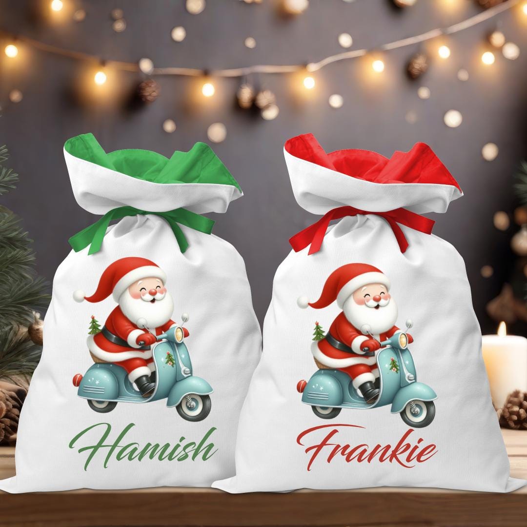 Santa Sack - Santa on Blue Scooter - Personalised