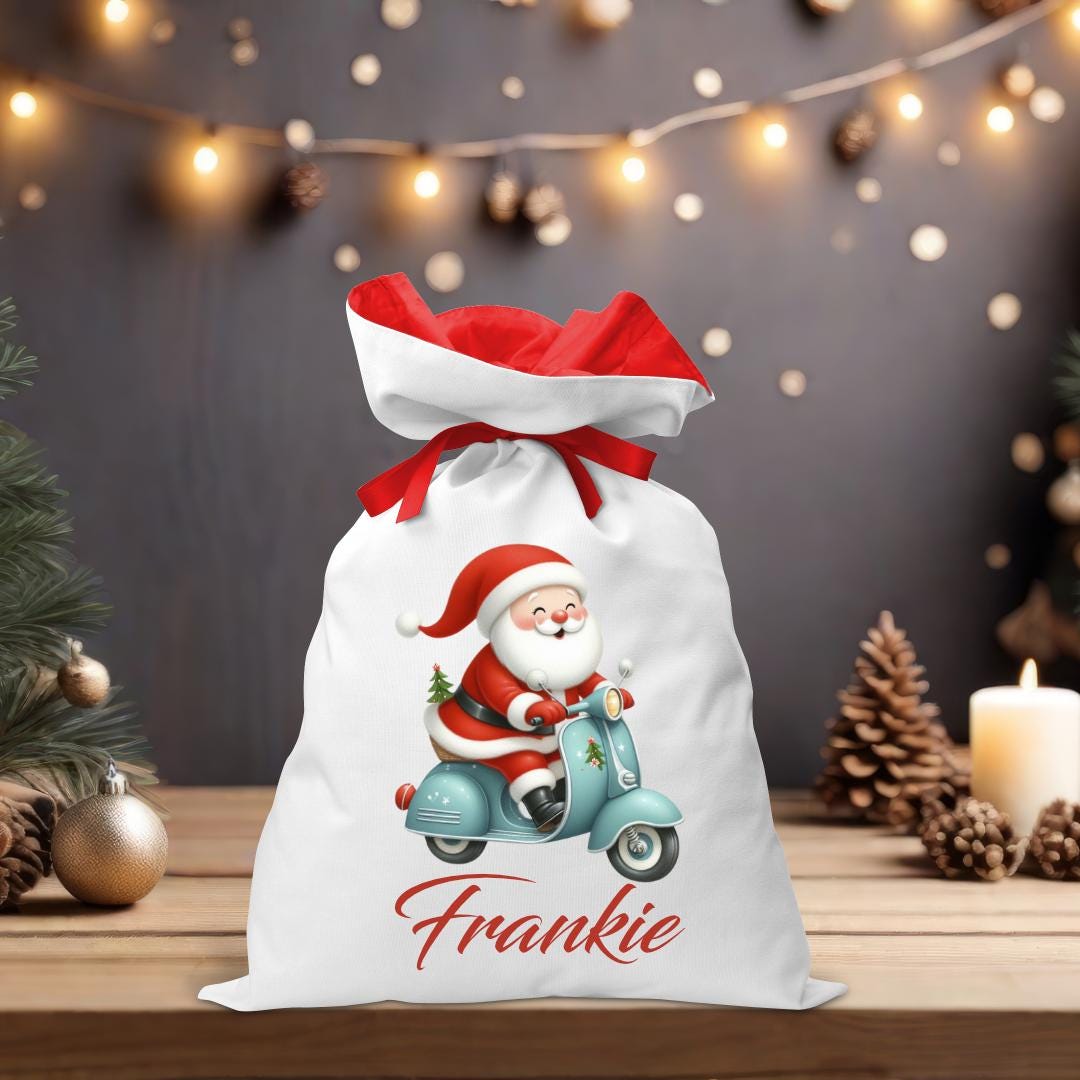 Santa Sack - Santa on Blue Scooter - Personalised