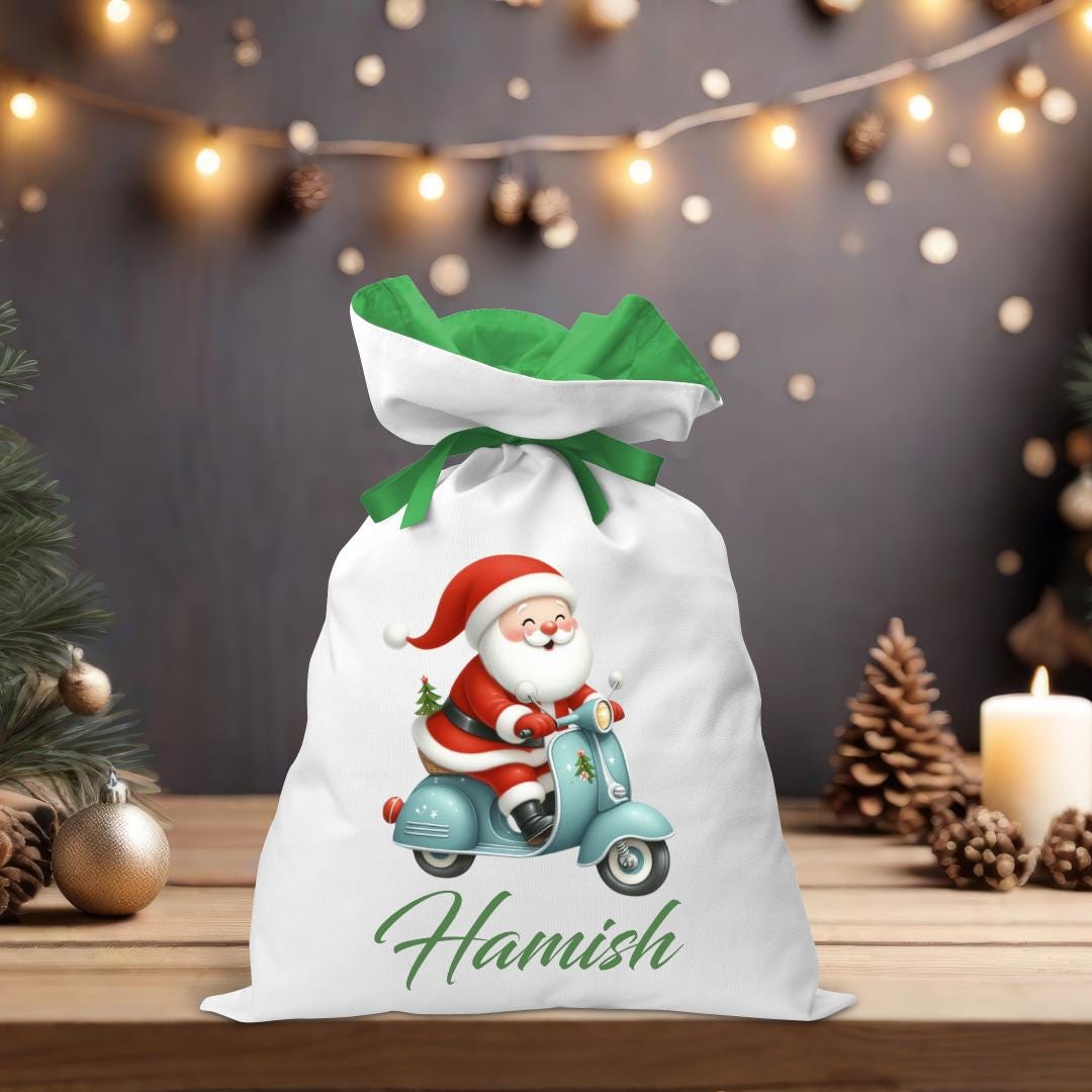 Santa Sack - Santa on Blue Scooter - Personalised