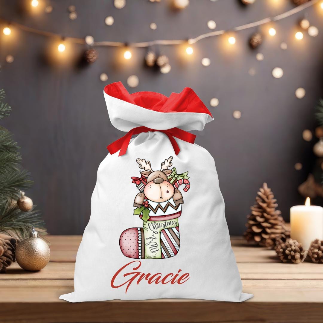 Reindeer in a Stocking Santa Sack - Personalised