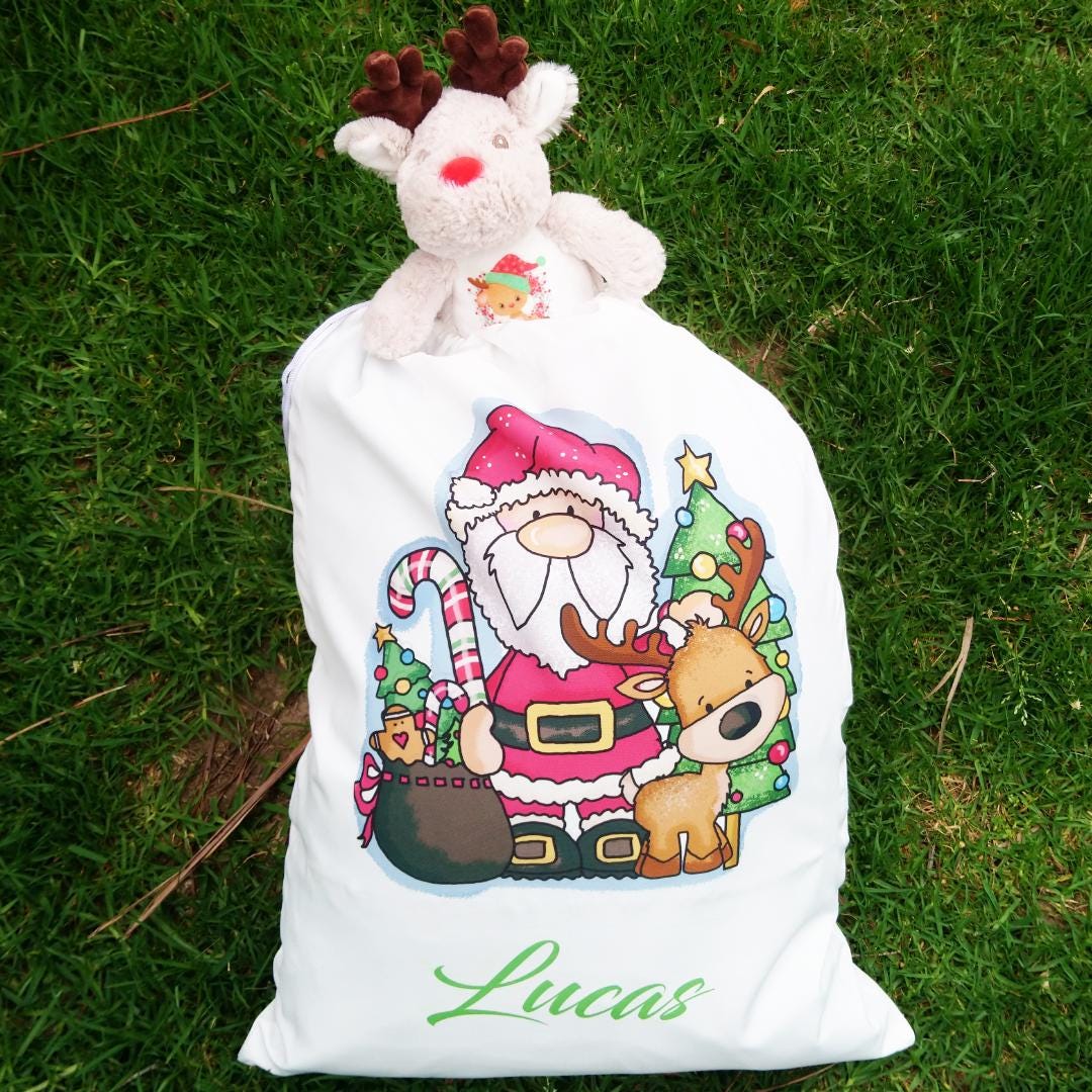 Santa and Reindeer Coloured Santa Sack - Personalised