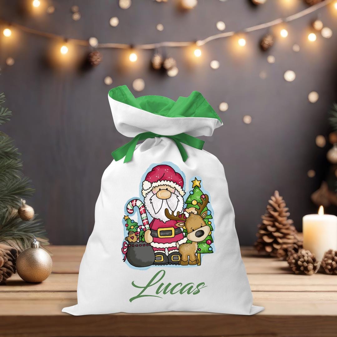 Santa and Reindeer Coloured Santa Sack - Personalised