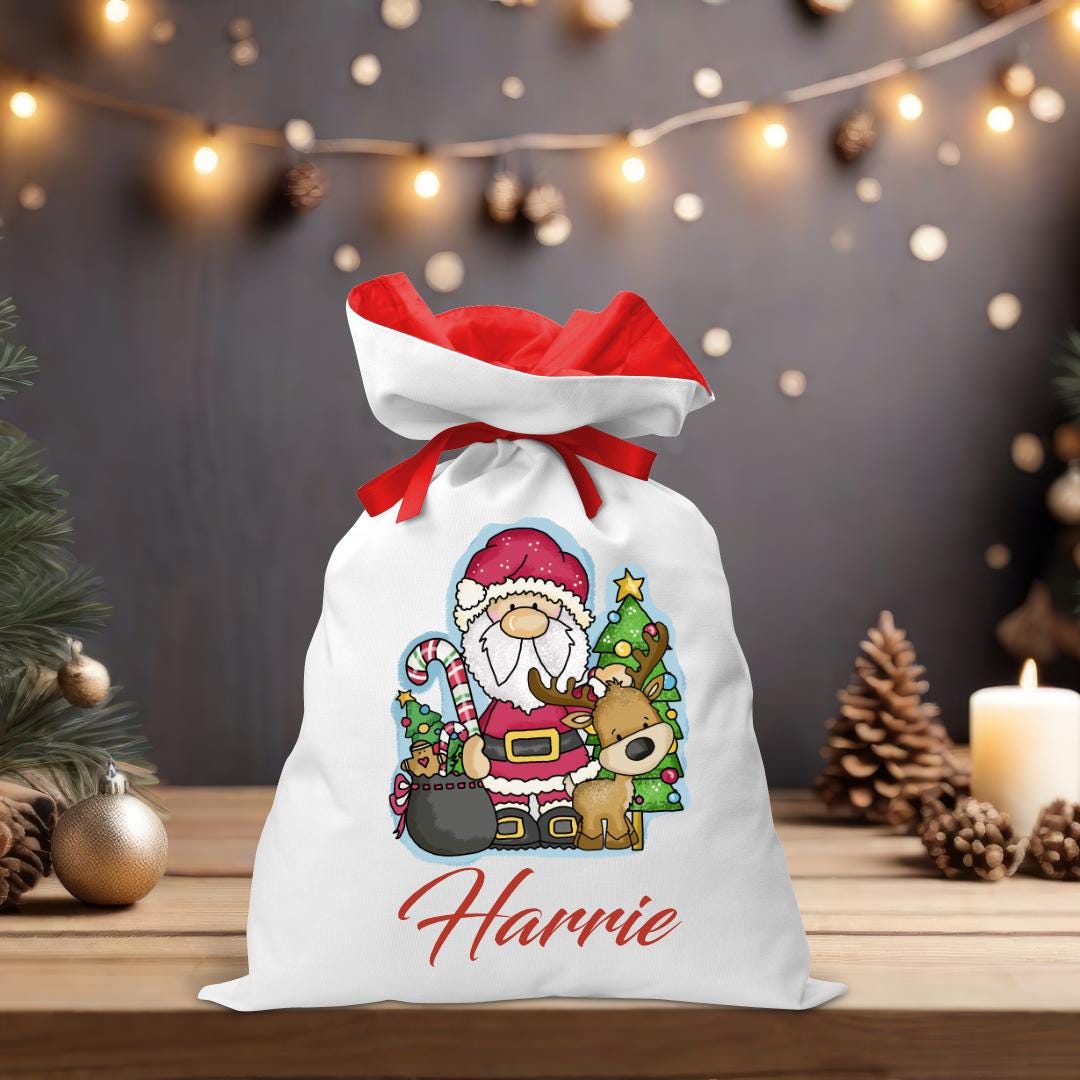 Santa and Reindeer Coloured Santa Sack - Personalised