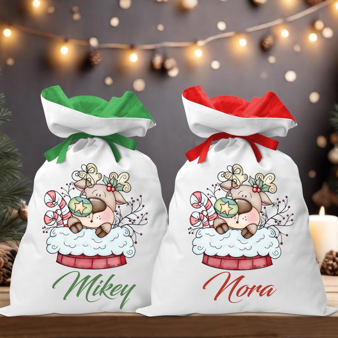 Reindeer in a Chimney Santa Sack - Personalised