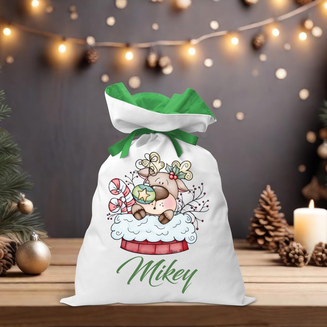 Reindeer in a Chimney Santa Sack - Personalised