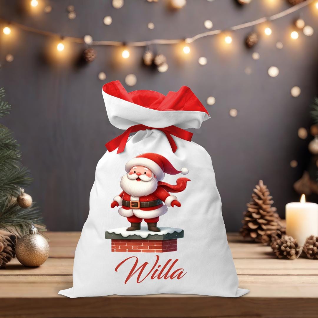 Santa on a Chimney Coloured Santa Sack - Personalised