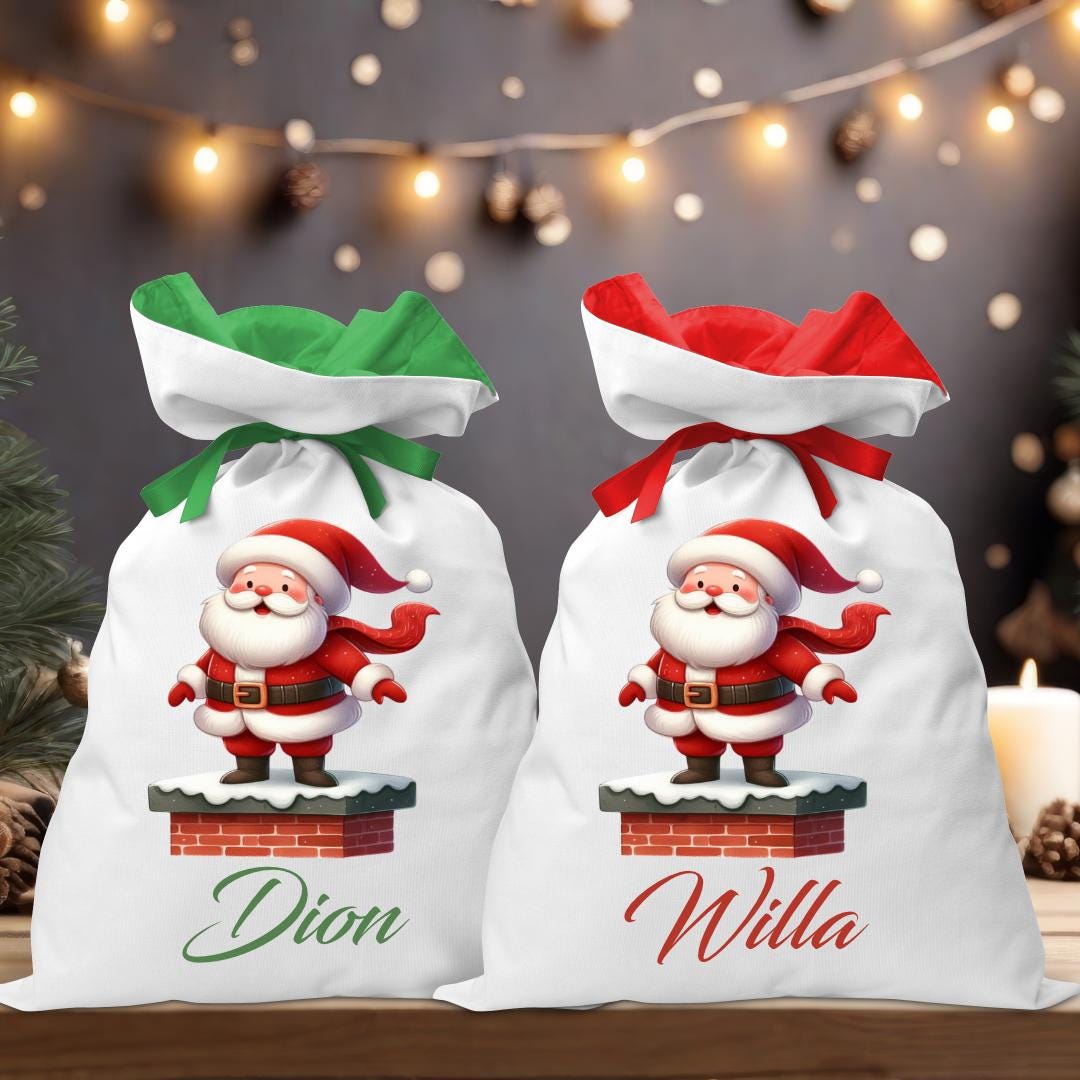 Santa on a Chimney Coloured Santa Sack - Personalised