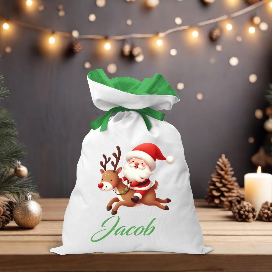 Santa Riding Reindeer Coloured Santa Sack - Personalised