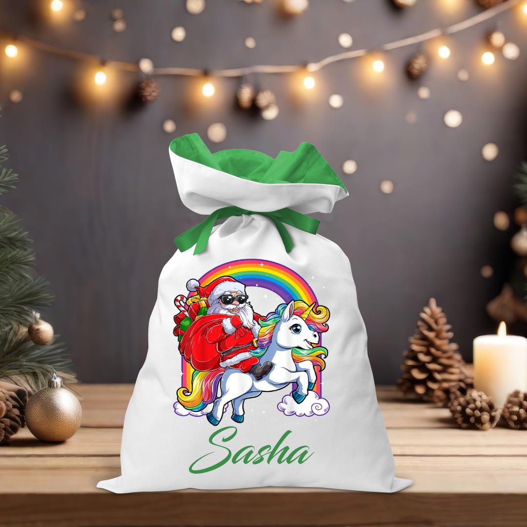 Santa Riding Unicorn Santa Sack - Personalised