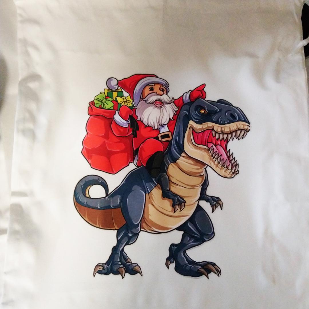 Santa Riding Blue Dino Santa Sack - Personalised