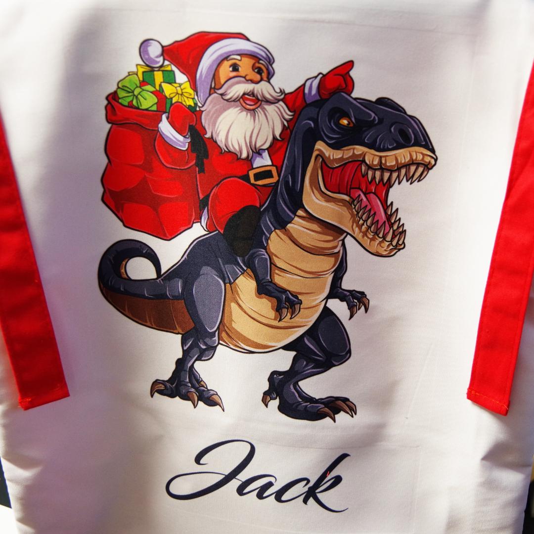 Santa Riding Blue Dino Santa Sack - Personalised