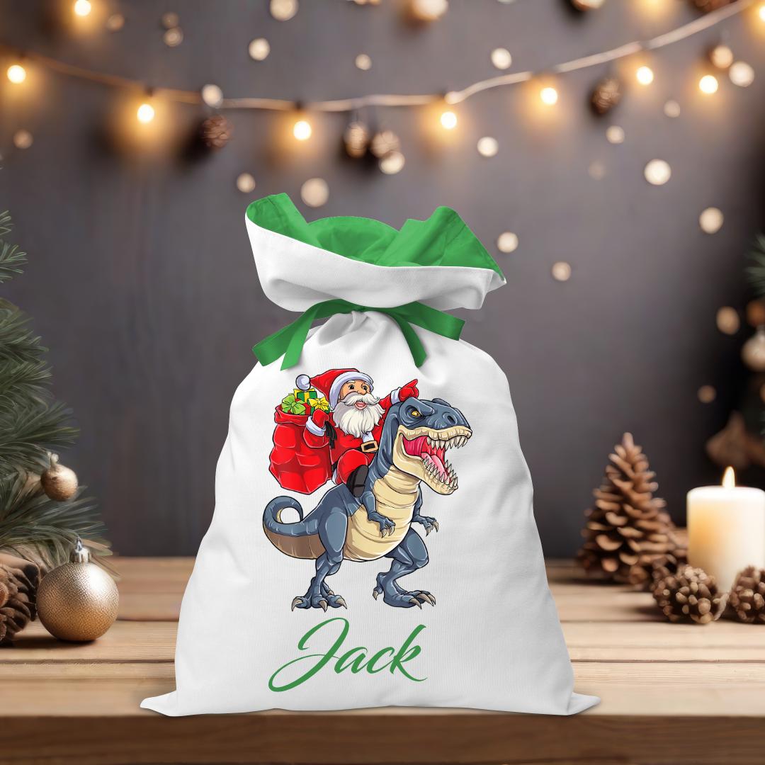 Santa Riding Blue Dino Santa Sack - Personalised