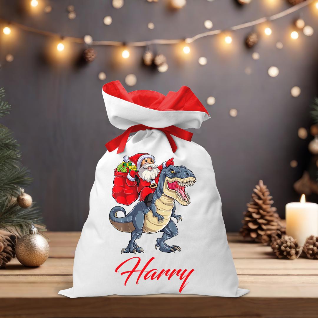 Santa Riding Blue Dino Santa Sack - Personalised