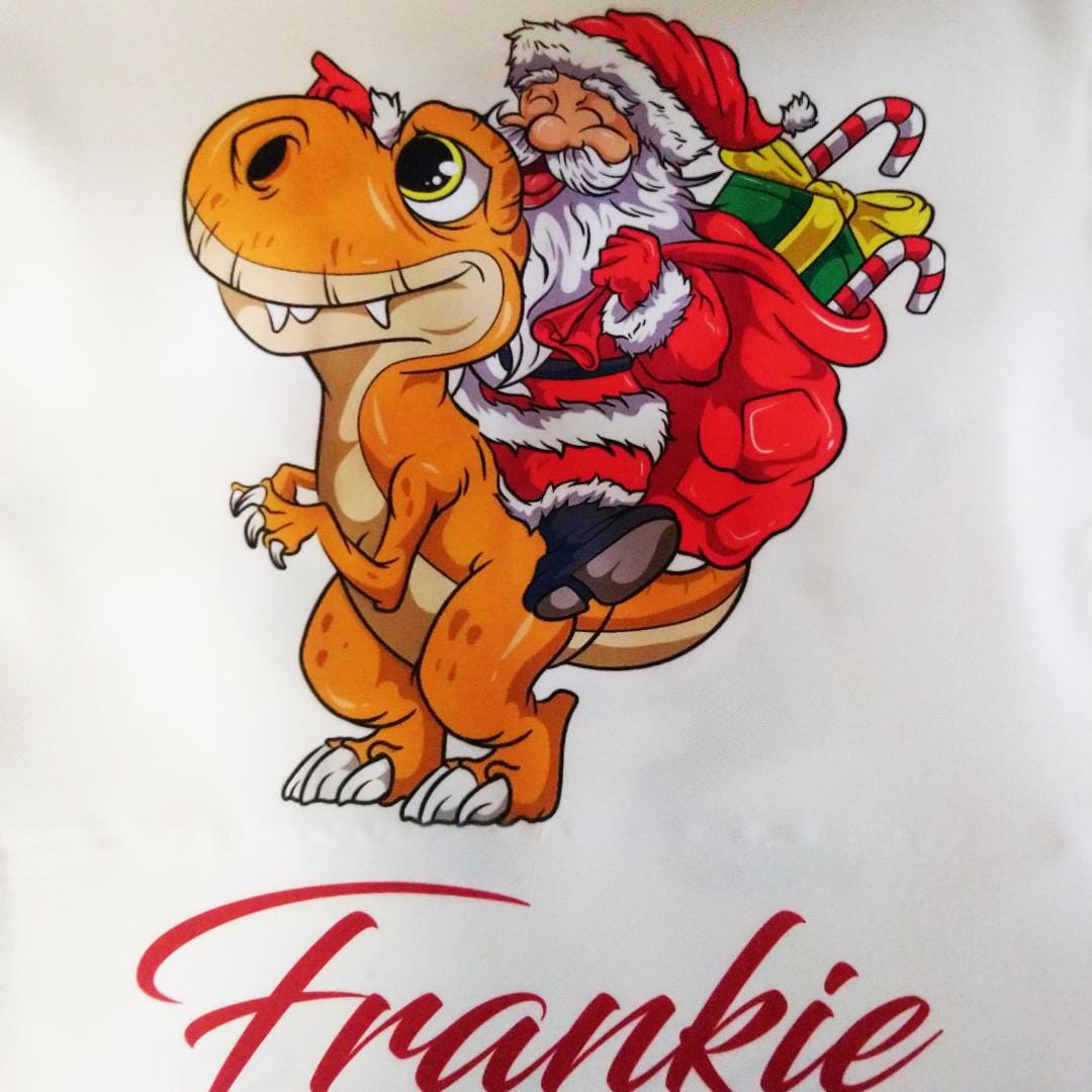 Santa Riding Orange Dino Coloured Santa Sack - Personalised