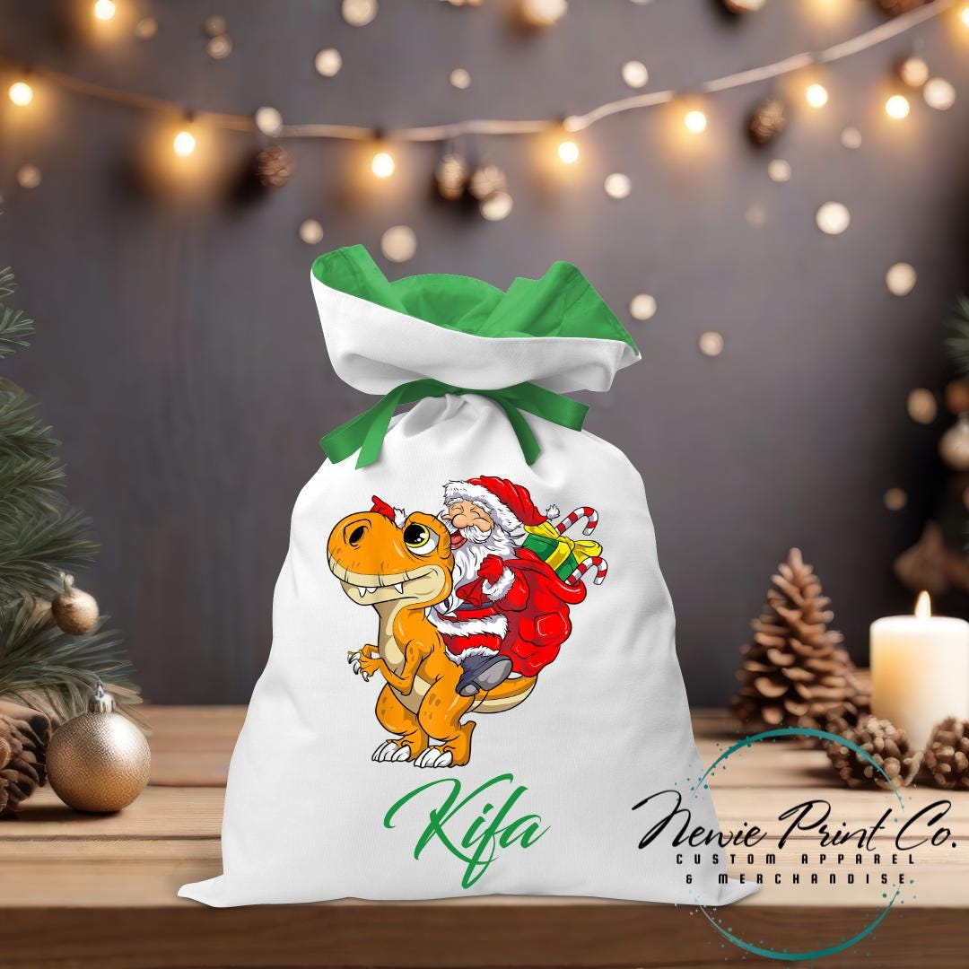 Santa Riding Orange Dino Coloured Santa Sack - Personalised