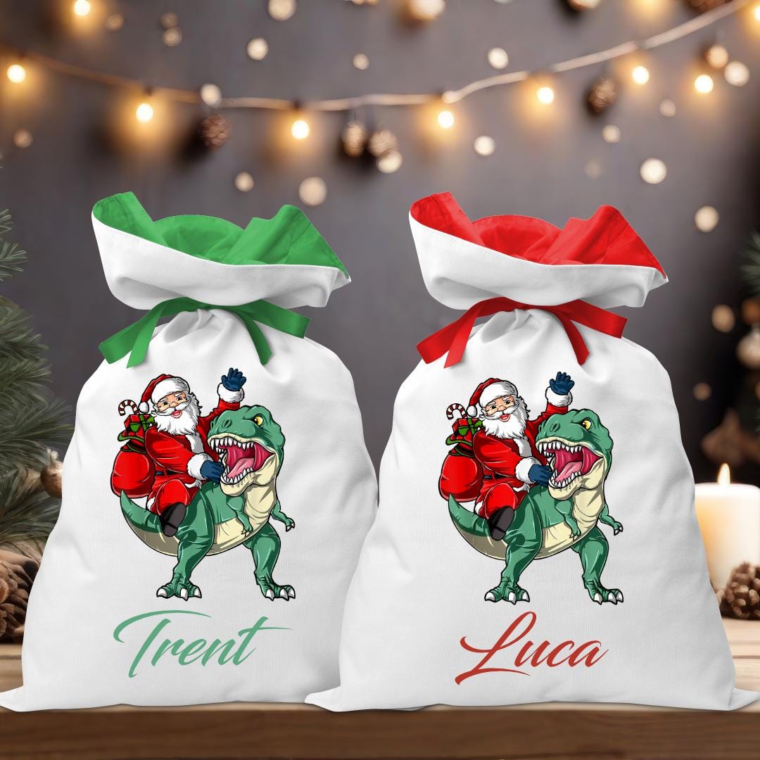 Santa Riding Green Dino Santa Sack - Personalised