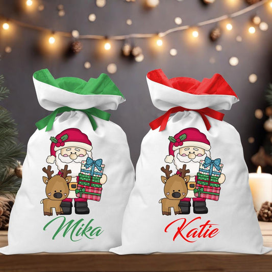 Bear with Present and Reindeer Coloured Santa Sack - Personalised