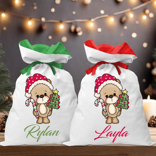 Bear with Candy Cane Coloured Santa Sack - Personalised