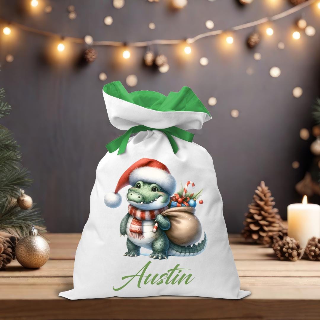 Santa Riding Green Dino Santa Sack - Coloured Personalised