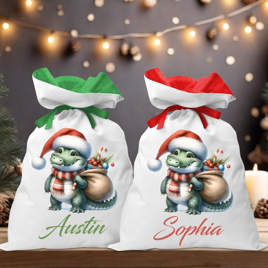 Santa Riding Green Dino Santa Sack - Coloured Personalised