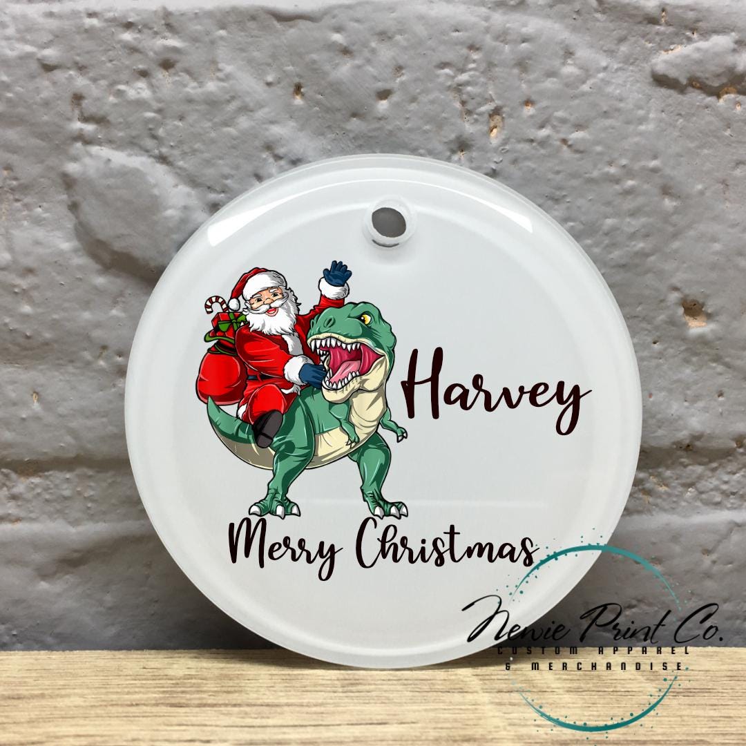 Personalised Ornament Santa Riding Green Dinosaur - Christmas Keepsake