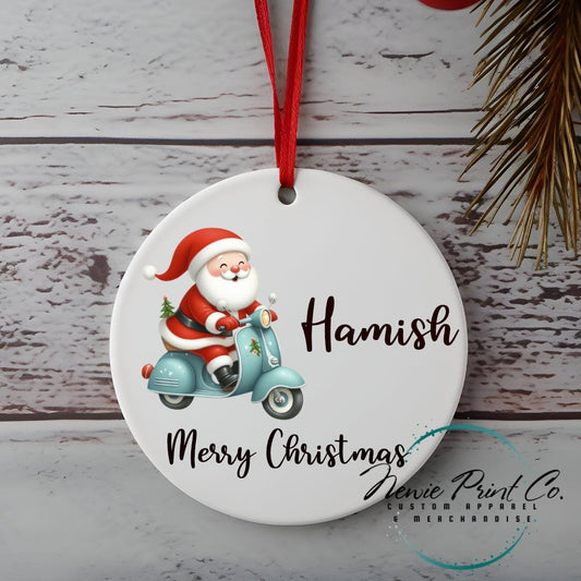 Personalised Ornament Santa Riding Blue Scooter - Christmas Keepsake